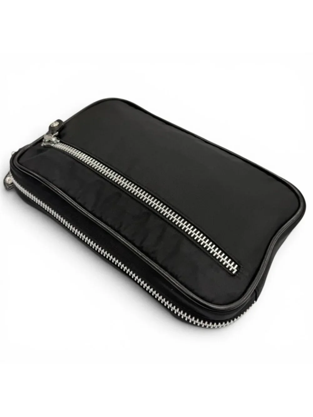 Chrome Hearts Nylon Leather Scroll Logo Plate Clutch Black Silver